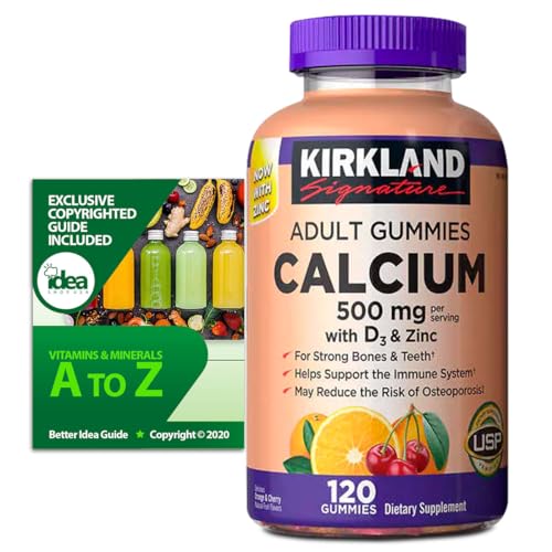 Kirkland Signature Calcium Gummies 500 mg with D3 & Zinc, Bone Health, 120 Gummies (1 Pack) Bundle with Exclusive Vitamins & Minerals - A to Z - Better Idea Guide