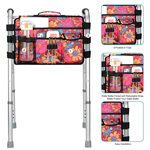 Walker Bag for Seniors-supregear Folding Walker Accessories Bag (Double Sided), Walker Basket Caddy Large Capacity Waterproof Tote with 9 Pockets and Cup Holder