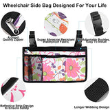 Update Flower Color Wheelchair Bag Side Organizer Storage Armrest Pouch with Cup Holder and Reflective Stripe Use Waterproof Fabric, for Most Wheelchairs, Walkers or Rollators (Pink Floral)