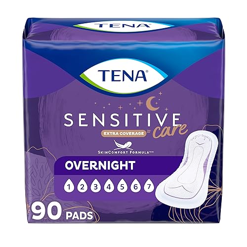 TENA Incontinence Pads, Bladder Control & Postpartum for Women, Overnight Absorbency, Extra Coverage, Sensitive Care - 90 Count