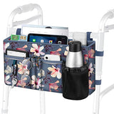 FINPAC Large Walker Tote Bag with Cup Holder, Folding Walker Attachment Hands-Free Storage Basket Mobility Aid Accessory Pouch for Elderly, Senior, Blooming Hibiscus