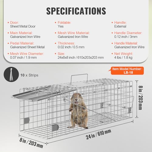 VEVOR Live Animal Cage Trap, 24" x 8" x 8" Humane Cat Trap Galvanized Iron, Folding Animal Trap with Handle for Rabbits, Stray Cats, Squirrels, Raccoons, Groundhogs and Opossums