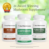 Real Mushrooms 5 Defenders Capsules - Organic Mushroom Extract w/Chaga, Shiitake, Maitake, Turkey Tail, & Reishi - Mushroom Supplement for Brain, Focus, & Immune Support - Vegan, Non-GMO, 90 Caps