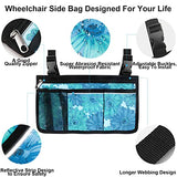 Update Flower Color Wheelchair Bag Side Organizer Storage Armrest Pouch with Cup Holder and Reflective Stripe Use Waterproof Fabric, for Most Wheelchairs, Walkers or Rollators (Blue Floral)