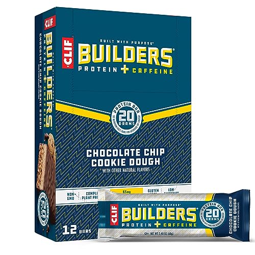 CLIF Builders + Caffeine - Chocolate Chip Cookie Dough Flavor - Protein Bars - Gluten-Free - Non-GMO - Low Glycemic - 20g Protein - 2.4 oz. (12 Count)