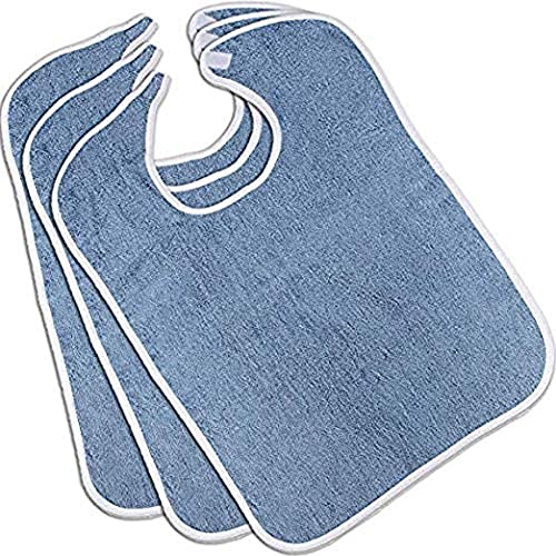 Nobles Health Care Product Solutions Terry Adult Bibs (3-Pack, Blue,18 x 30 Inches) With Velcro Closure Made From 100% Cotton - Absorbent Clothing Protector - Reusable - Machine Washable Patient Bibs