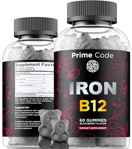 Iron Gummies for Women & Men with Vitamin B12, 20mg Iron Supplement for Adults, Free Blood Builder for Anemia, Vitamin B12 Gummies with Iron & Natural Blackberry Flavor, Vegan, Non-GMO, 30 Day Supply