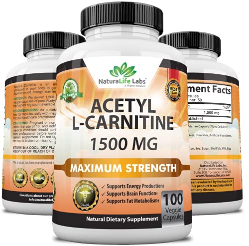 Acetyl L-Carnitine 1,500 mg High Potency Supports Natural Energy Production, Sports Nutrition, Supports Memory/Focus - 100 Veggie Capsules