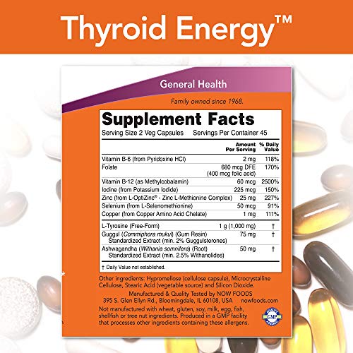 NOW Supplements, Thyroid Energy™, Iodine and Tyrosine plus Selenium, Zinc and Copper, 90 Veg Capsules