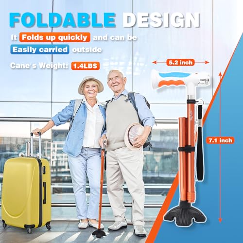 BigAlex Folding Walking Cane with Two Led Lights for Elderly Solid Base Adjustable Walking Stick with Carrying Bag for Man/Women