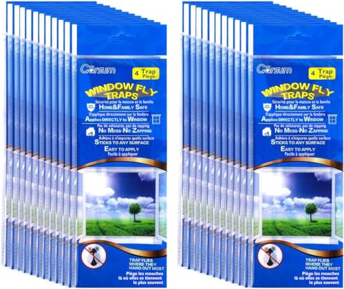 Garsum Window Fly Traps Indoor, Fly Paper Bug Sticky Strips, House Fly Killer Window Decal Non-Toxic,4 Piece per Pack Total 96 Pices