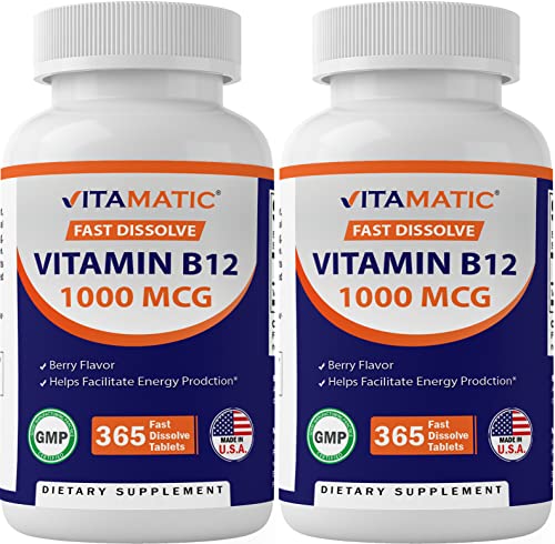 Vitamatic Vitamin B12 1000 mcg Fast Dissolve 365 Tablets - Berry Flavor - Supports Energy Metabolism (2 Bottles)