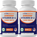 Vitamatic Vitamin B12 1000 mcg Fast Dissolve 365 Tablets - Berry Flavor - Supports Energy Metabolism (2 Bottles)