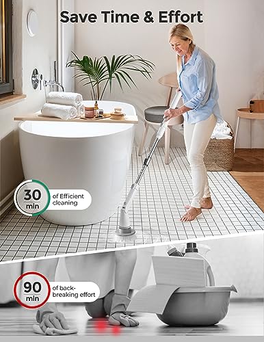 kHelfer Electric Spin Scrubber Kh8, 2023 New Cordless Shower Scrubber, 4 Replacement Head, 1.5H Bathroom Scrubber Dual Speed, Shower Cleaning Brush with Extension Arm for Bathtub Grout Tile Floor