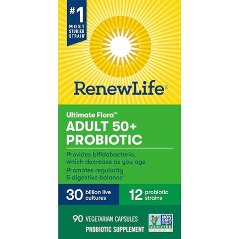Renew Life Probiotic Adult 50 Plus Probiotic Capsules, Daily Supplement Supports Urinary, Digestive and Immune Health, L. Rhamnosus GG, Dairy, Soy and gluten-free, 30 Billion CFU, 90 Count