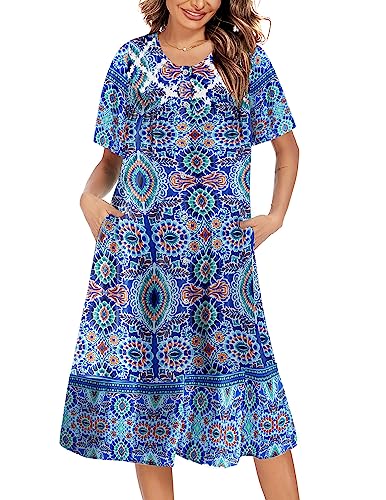 Ekouaer Women's Button Down Nightgowns Short Sleeve House Dress Plus Size Mumu Dress for Elderly House Coat with Pockets 2XL