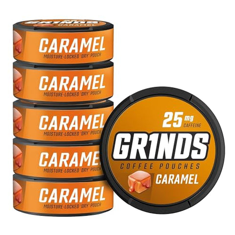 Grinds Coffee Pouches | 3 Cans of Caramel | 18 Pouches Per Can | 1 Pouch eq. 1/4 Cup of Coffee (Caramel)