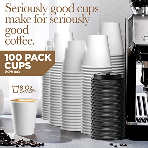 Disposable White Coffee Cups with Lids 8 oz (100 Pack) - To Go Paper Coffee Cups for Hot & Cold Beverages, Coffee, Tea, Hot Chocolate, Water, Juice - Eco Friendly Cups