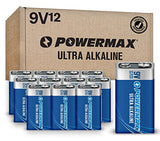 Powermax 12-Count 9V Batteries, Ultra Long Lasting Alkaline Battery, 7-Year Shelf Life, Reclosable Packaging