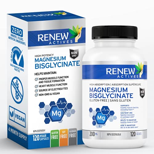 Renew Actives Magnesium Glycinate Supplement: 200 mg Magnesium Bisglycinate - Natural Elemental Support for Heart Muscle Function, Energy Metabolism & Tissue Formation. - 120 Capsules