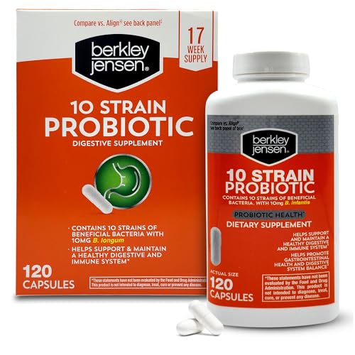 Berkley Jensen 10 Strain Probiotic Capsules - Natural Food Supplement with 10mg B. Longum, Loaded with Live Strains & Beneficial Gut Flora, Digestive, Gut and Immune Health - 17-Week Supply, 120 Ct