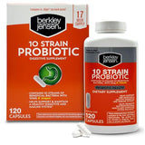 Berkley Jensen 10 Strain Probiotic Capsules - Natural Food Supplement with 10mg B. Longum, Loaded with Live Strains & Beneficial Gut Flora, Digestive, Gut and Immune Health - 17-Week Supply, 120 Ct