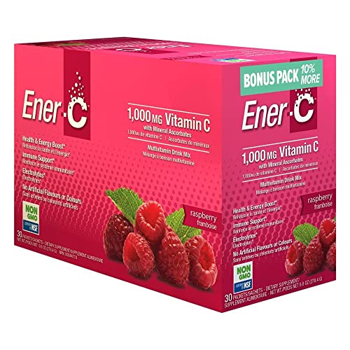 Ener-C Bonus Pack - Raspberry Multivitamin Drink Mix, 1000mg Vitamin C, Non-GMO, Vegan, Real Fruit Juice Powders, Natural Immunity Support, Electrolytes, Gluten Free, 1-Pack of 33