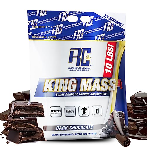 Ronnie Coleman Signature Series King Mass XL Mass Gainer Protein Powder, Muscle Gainer, 60g Protein, 180g Carbohydrates, 1,000+ Calories, Creatine and Glutamine, Dark Chocolate, 10 Pound