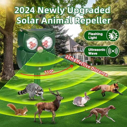 2024 Upgraded Ultrasonic Pest Repeller Outdoor Solar Animal Repellent with Motion Sensor Cat Repellent Outdoor Waterproof to Repel Dog Raccoon Fox Rabbit Deer Squirrel Skunk Repellent for Yard Garden