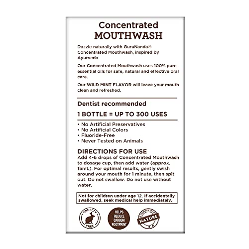 GuruNanda Concentrated Mouthwash, Helps Bad Breath, Promotes Teeth Whitening, Healthy Gums, Made with 100% Natural Essential Oils, 1 Bottle Equals 300 Rinse, Fluoride-Free, Mint (2 oz x 3)