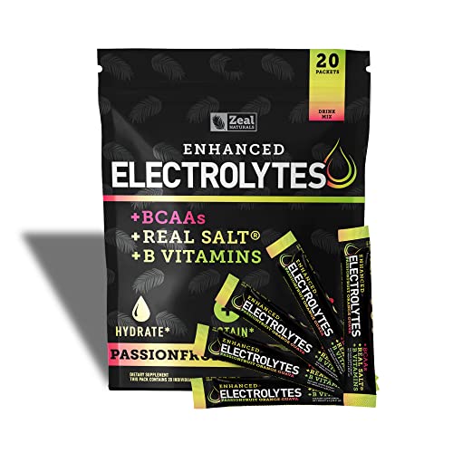 Enhanced Electrolyte Powder Stick Packs (Passionfruit Orange Guava - 20 Packets) Sugar Free + BCAA B-Vitamins & Real Salt® - Keto Electrolytes, Hydration Powder w Potassium, Sodium, Zinc, Magnesium