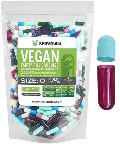 XPRS Nutra Size 0 Empty Capsules - 500 Count Empty Vegan Capsules - Vegetarian Empty Pill Capsules- DIY Vegetable Capsule Filling- Veggie Pill Capsules Empty Caps (Multi Color)