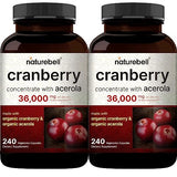 NatureBell 2 Pack Cranberry Pills 36,000mg with Acerola, 480 Veggie Capsules | 100:1 Fresh Cranberries Extract – Organic Ingredients – Supports Urinary Tract Health – Sugar Free