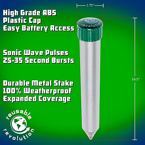 4 Pack Sonic Mole Chaser - Battery Operated Pest Repeller Stake, Scares Away Moles, Voles, Gophers and Rats by Reusable Revolution (Metal & Green)