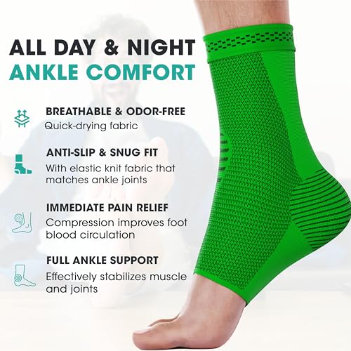 Modvel Ankle Brace for Women & Men - 1 Pair of Ankle Support Sleeve & Ankle Wrap - Compression Ankle Brace for Sprained Ankle, Achilles Tendonitis, Plantar Fasciitis, & Injured Foot - Small, Green