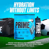 PRIME HYDRATION+ Sticks Blue Raspberry | Hydration Powder Single Serve Sticks | Electrolyte Powder On The Go | 250mg BCAAs, B Vitamins, Antioxidants | Low Sugar | Caffeine-Free | Vegan | 48 Sticks