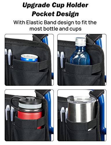 ISSYAUTO Wheelchair Side Bag, Upgraded Walker Pouch Bag with Cup Holder, Wheelchair Armrest Accessories for Walker, Rollator, Electric Scooter Wheelchairs, Ideal Gift for Seniors