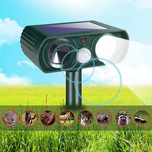 Solar Ultrasonic Animal Repeller, Ultrasonic Animal Deterrent Waterproof with Motion Sensor and LED Flashing Light for Outdoor Yard Garden Farm Deter Cat, Squirrel, Bird, Dog, Raccoon, Coyote, Skunk