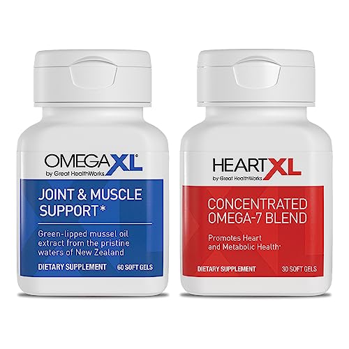 OmegaXL Joint Support Supplement - Natural Muscle Support, Green Lipped Mussel Oil, Soft Gel Pills, Drug-Free, 60 Count + HeartXL 30 Count, High Potency Omega-7 Blend