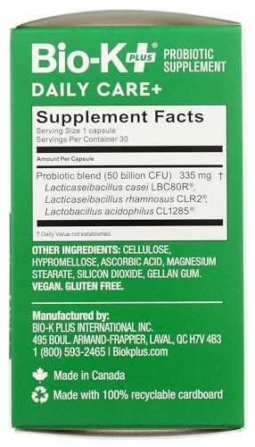 Bio-K + Daily Care Plus Probiotic Supplement Capsules for Adult Men and Women, 50 Billion Active Bacteria, Promotes Immune System Health - Vegan & Gluten-Free Delayed Release, 30 Capules/Box