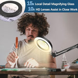 15X&10XMagnifying Glass with Light, Adjustable Arm Real 4.3" Glass Lens LED Magnifying Glasses and Extension Line Work,3 Color Modes Stepless Dimmable Lighted for Close Work,Hobbies Reading Work.