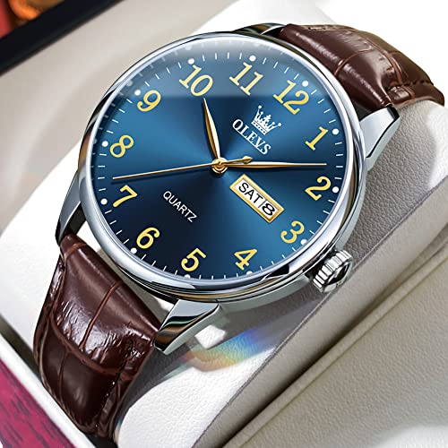 OLEVS Brown Men Watches Blue Big Dial Leather Analog Mens Watch Casual Luminous Easy Reader Watches for Elderly Three Hands Dress Watch Day and Date Impermeable Male Watch for Fathers Gifts