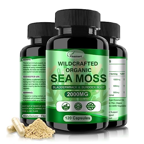 Fleamart 2 Pack Irish Sea Moss Capsules 120ct Raw Organic Sea Moss Wildcrafted Bladderwrack Burdock Root Capsules Super Food Immune System Digestive Health Sea Moss Pills