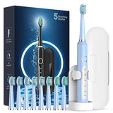 Sonic Electric Toothbrush for Adults - Rechargeable Electric Toothbrushes with 8 Heads & Travel Case,Teeth Whitening , Power Electric Toothbrush with Holder, 3 Hours Charge for 120 Days - Light Blue