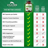 Zazzee Extra Strength French Maritime Pine Bark Extract, 350 mg Per Capsule, 180 Vegan Capsules, 95% Proanthocyanidins, 6 Month Supply, Concentrated and Standardized, All-Natural and Non-GMO