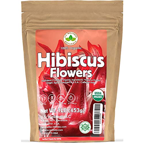 Hibiscus Tea 1LB (16Oz) 100% CERTIFIED Organic Hibiscus Flowers Herbal Tea (WHOLE PETALS), Caffeine Free in 1 lbs. Bulk Resealable Kraft BPA free Bags from U.S. Wellness