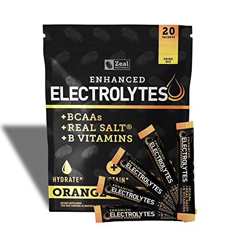 Enhanced Powder Stick Packs (Orange Pineapple- 20 Packets) Sugar Free + BCAA B-Vitamins & Real Salt® - Keto Electrolytes, Hydration Powder w Potassium, Sodium, Zinc, Magnesium Hydration & Recovery