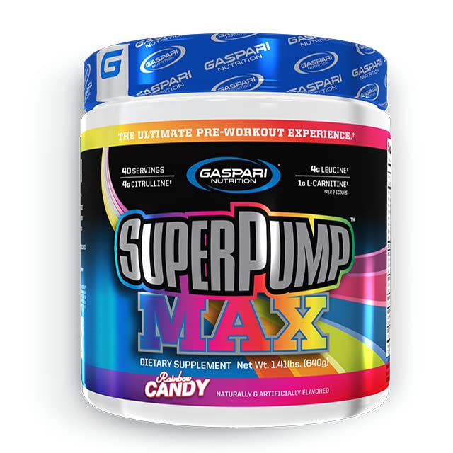 Gaspari Nutrition Super Pump Max, Pre Workout Supplement 40 Servings, Sustained Energy & Nitric Oxide Booster Supports Muscle Growth, Recovery & Replenish (40 Servings, Rainbow Candy)