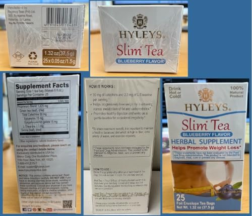 Hyleys Slim Tea Blueberry Flavor - Weight Loss Herbal Supplement Cleanse and Detox - 25 Tea Bags (6 Pack)