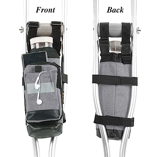 Crutch Bag Lightweight Crutch Accessories Storage Pouch with Reflective Strap and Front Zipper Pocket for Universal Crutch Bag to Keep Item Safety (Light Gray)